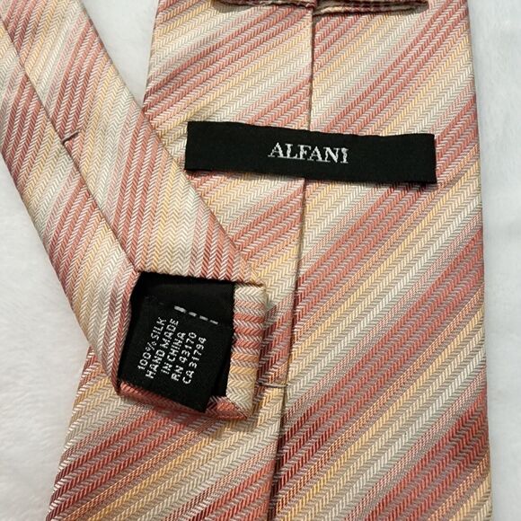 Alfani 100% Silk Neck Tie Earthtone Fall Colors Stripes Orange Salmon Cream - Picture 4 of 6